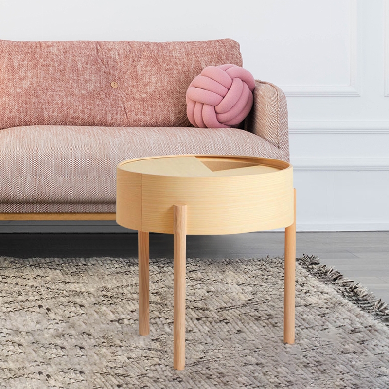 Farmhouse Natural Rotating Side Table with Hidden Storage Wood Round End TableHomary