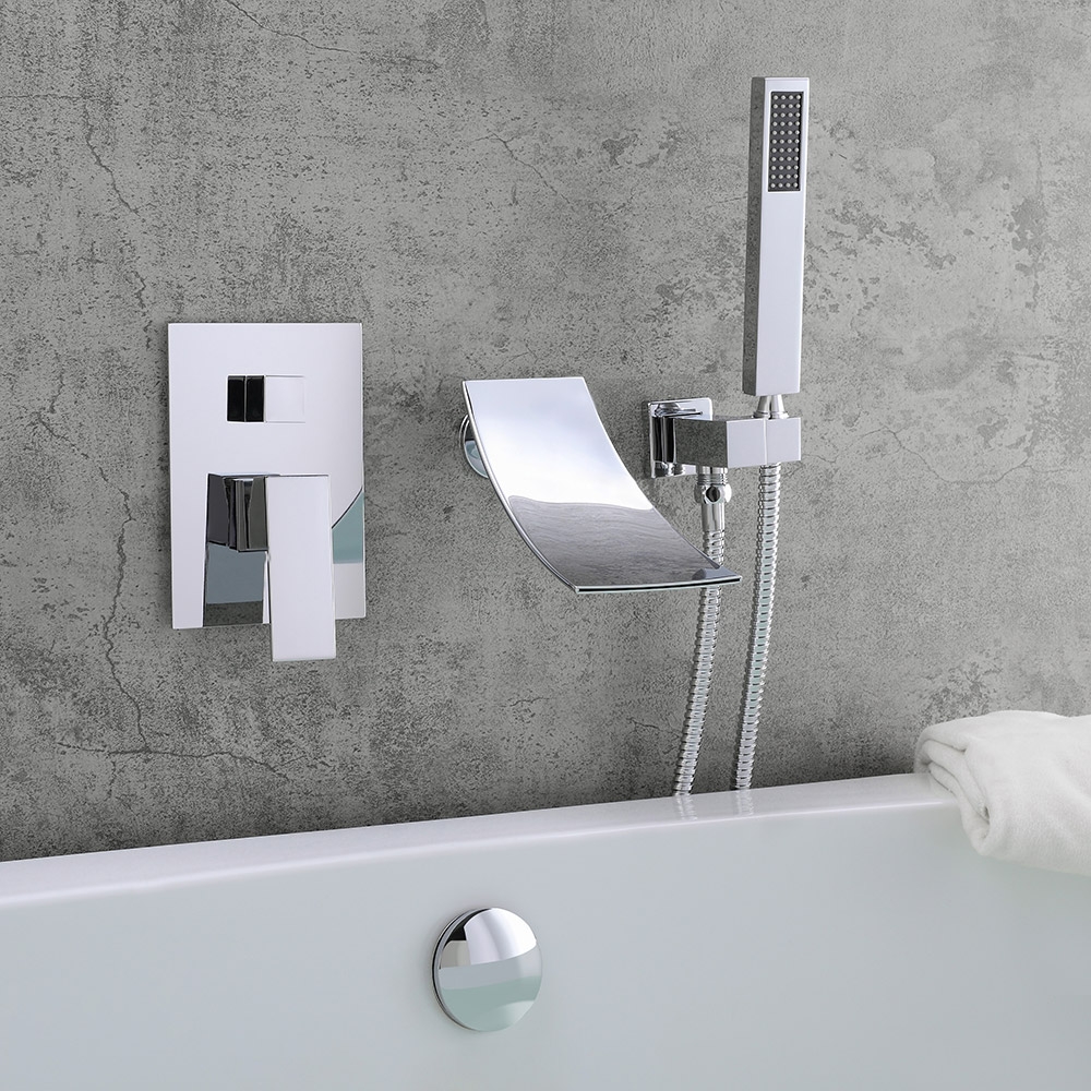 Modern Waterfall Wall-Mount Bath Filler Mixer Tap & Handshower in Polished Chrome