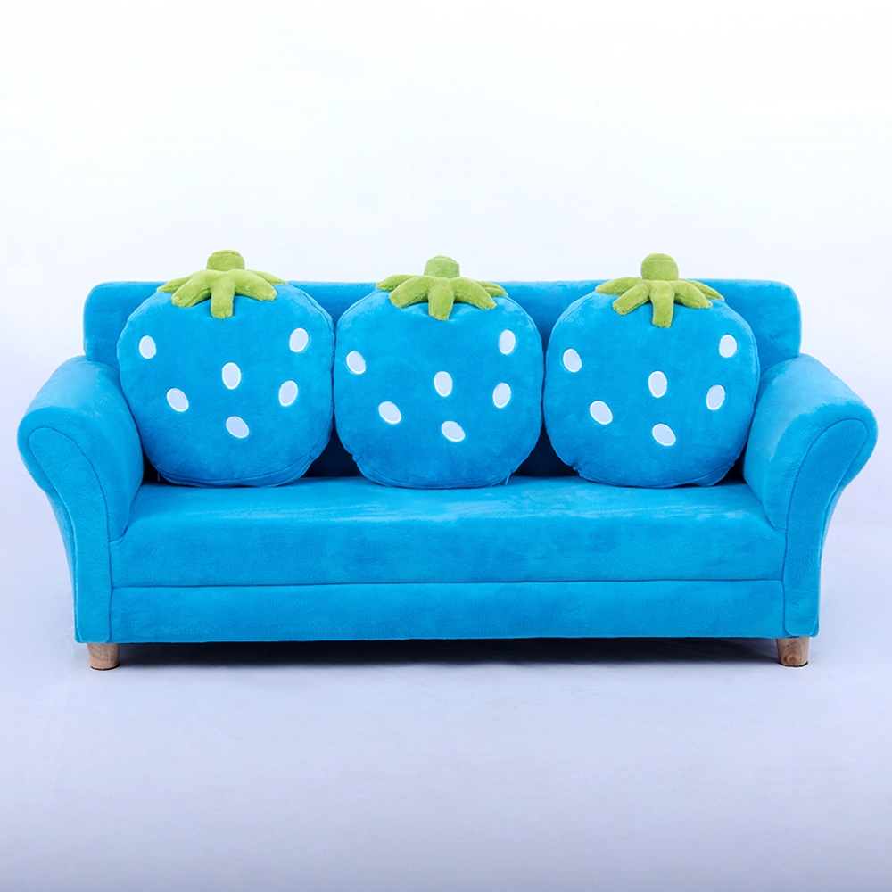 Blue Velvet Upholstery Kids Chair with Strawberry Pillow