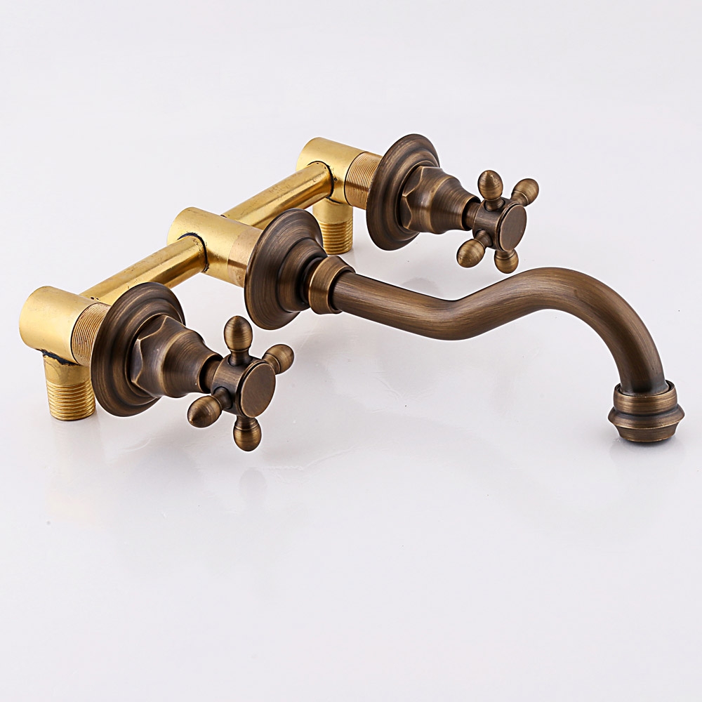Chester Classic Wall Mount 2-Handle Antique Brass Bathroom Basin Tap ...