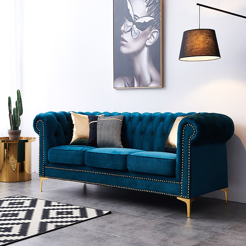 86.6" Modern Blue Velvet Upholstered Sofa 3-seater Sofa Solid Wood Frame Gold Legs