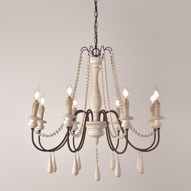 

French Country Candle-Style  Wood Bead Swag Wooden Chandelier White