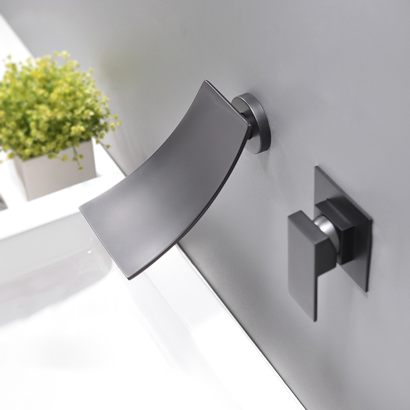 Modern Design Single Handle Wall Mounted Waterfall Bathroom Sink Faucet in Matte Black Finish