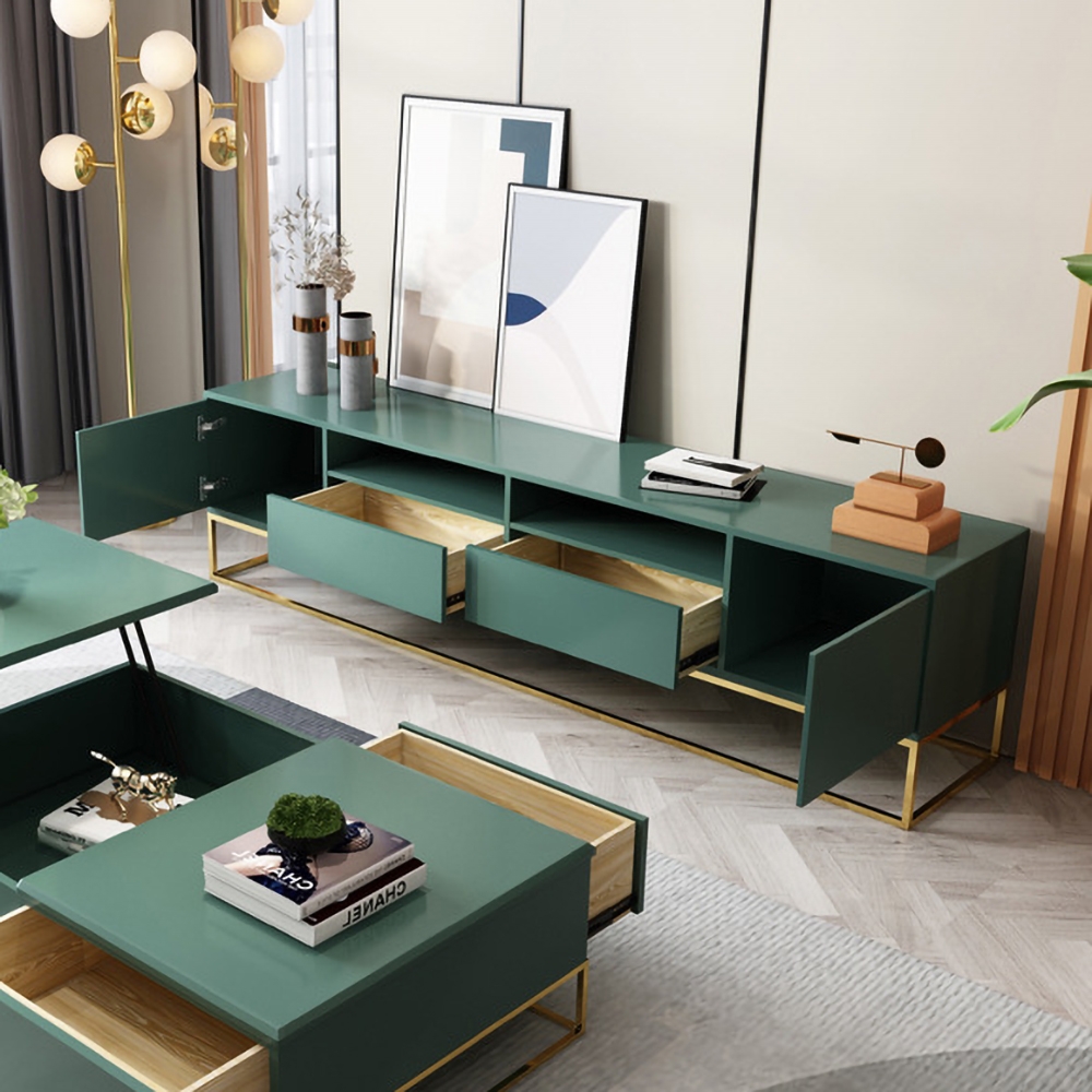 Green TV Stand with Drawers & Doors & compartments Media Console for