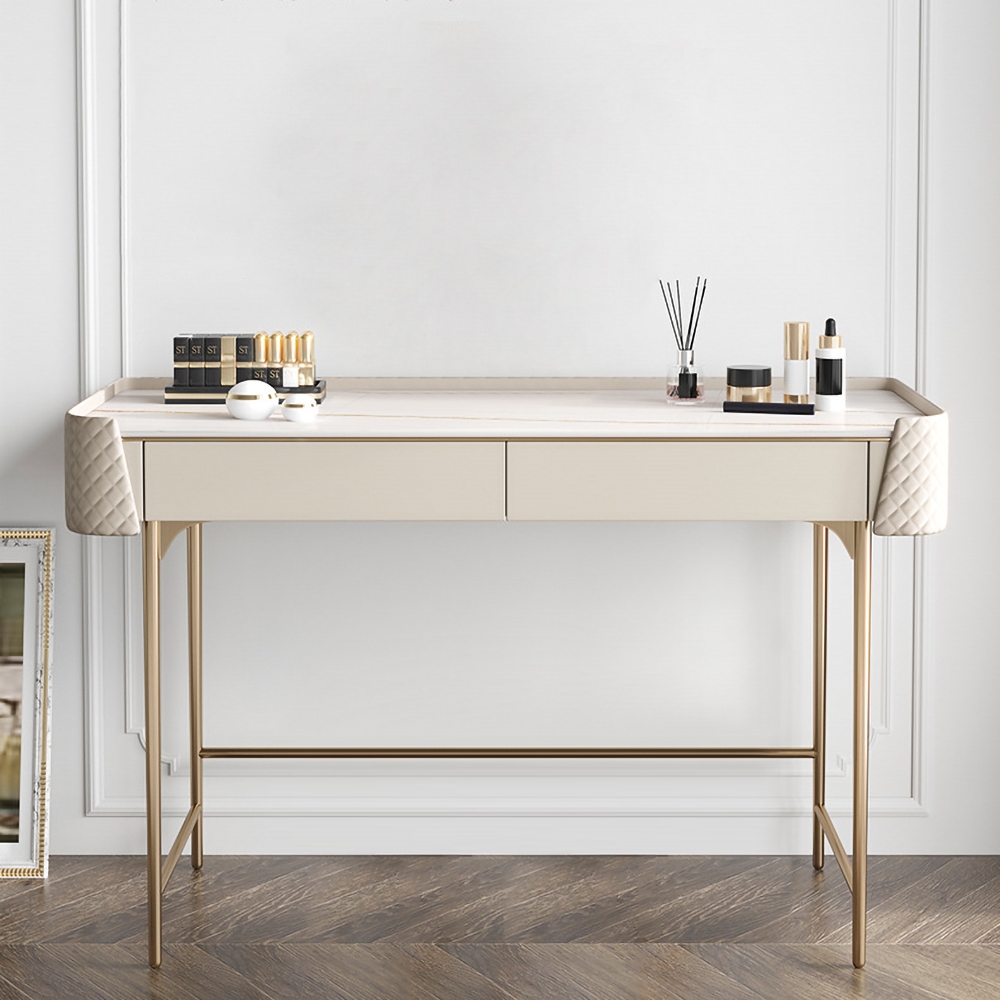 

47.2" Off White Makeup Vanity Stone Top Makeup Table Faux Leather with 2 Drawers