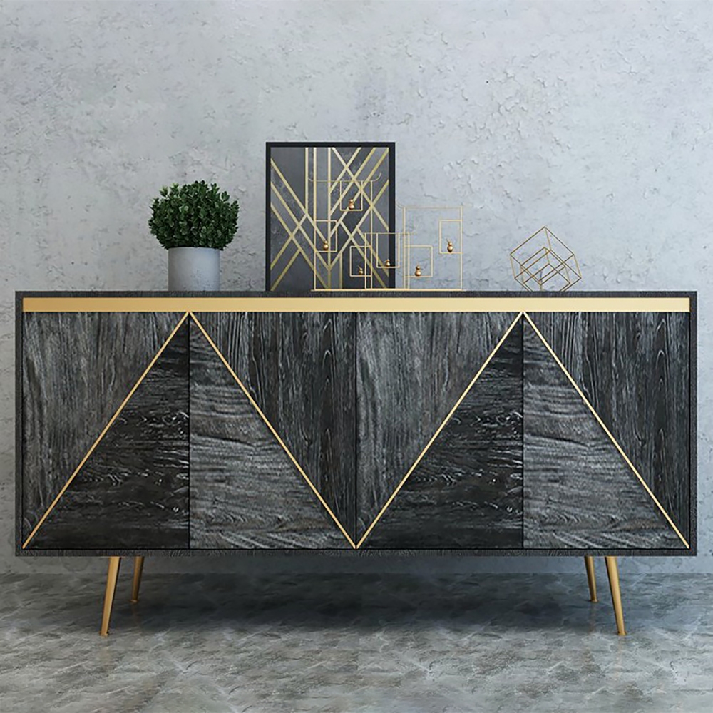 

Gray and Gold Credenza 4 Doors Sideboard Cabinet with Storage Midcentury Modern