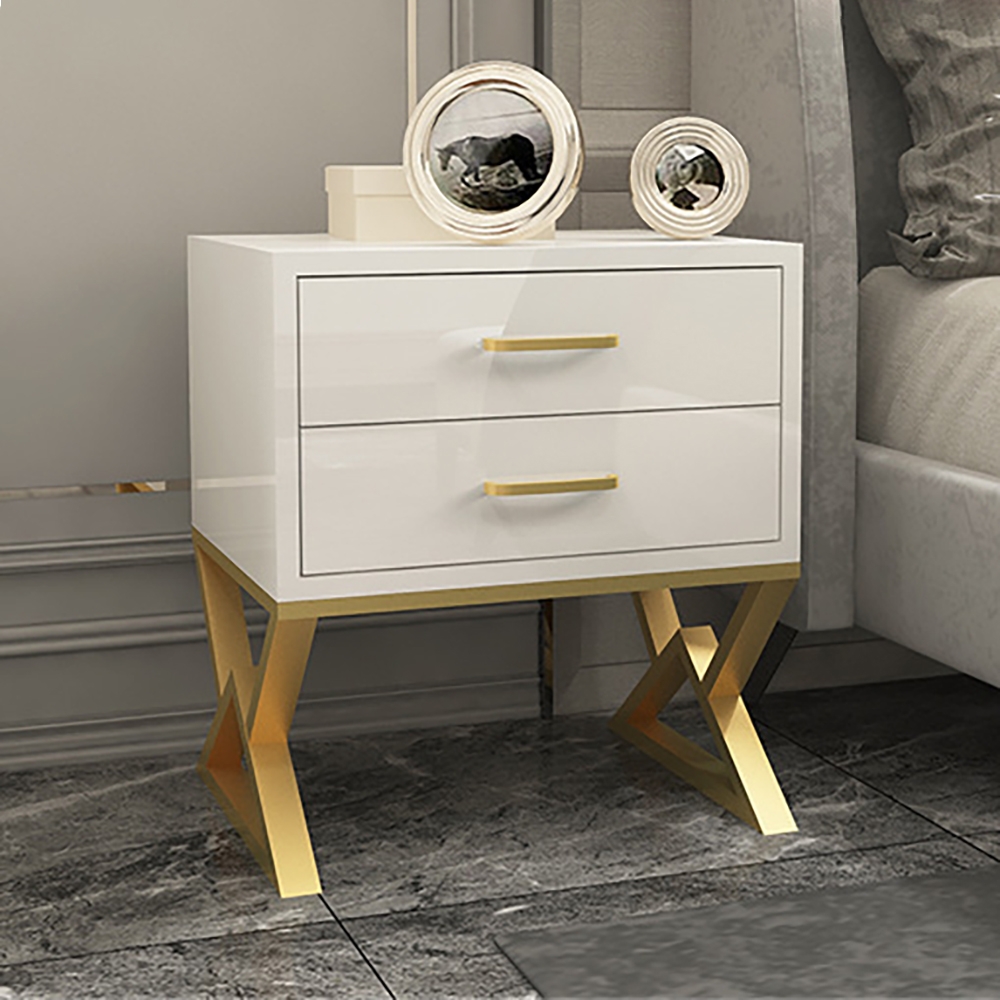 Nordic White Nightstand 2-Drawer Bedside Table Gold Finish