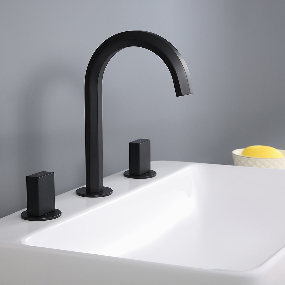 Modern Design Matte Black Widespread Bathroom Sink Faucet High Arc