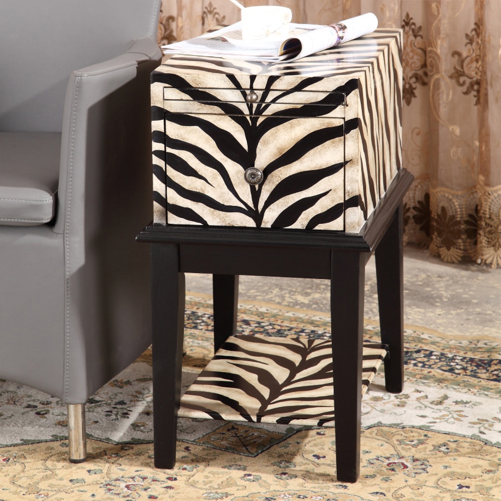 

Rustic Zebra White&Black Side Table with Storage & Shelf & Pull-Out Tray