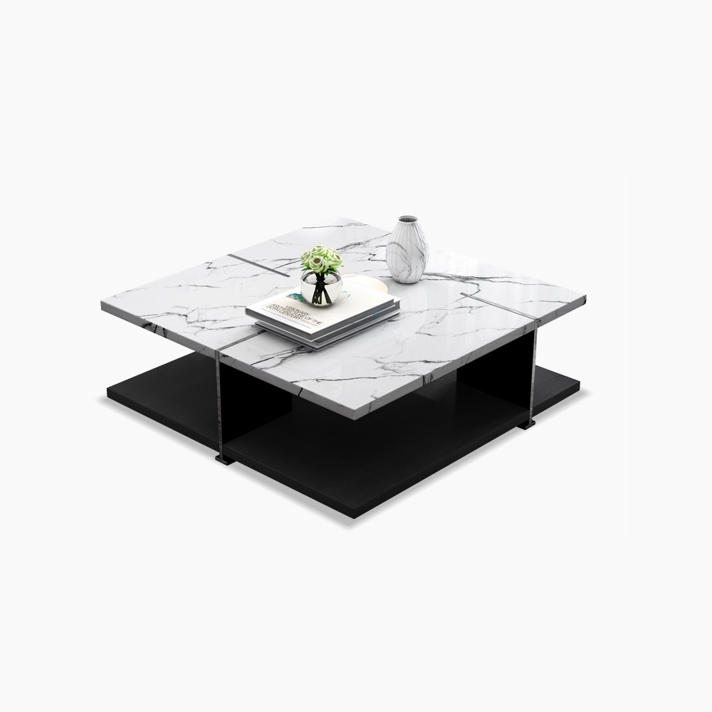 White Square Coffee Table Faux Marble Accent Table with Storage Stainless Steel
