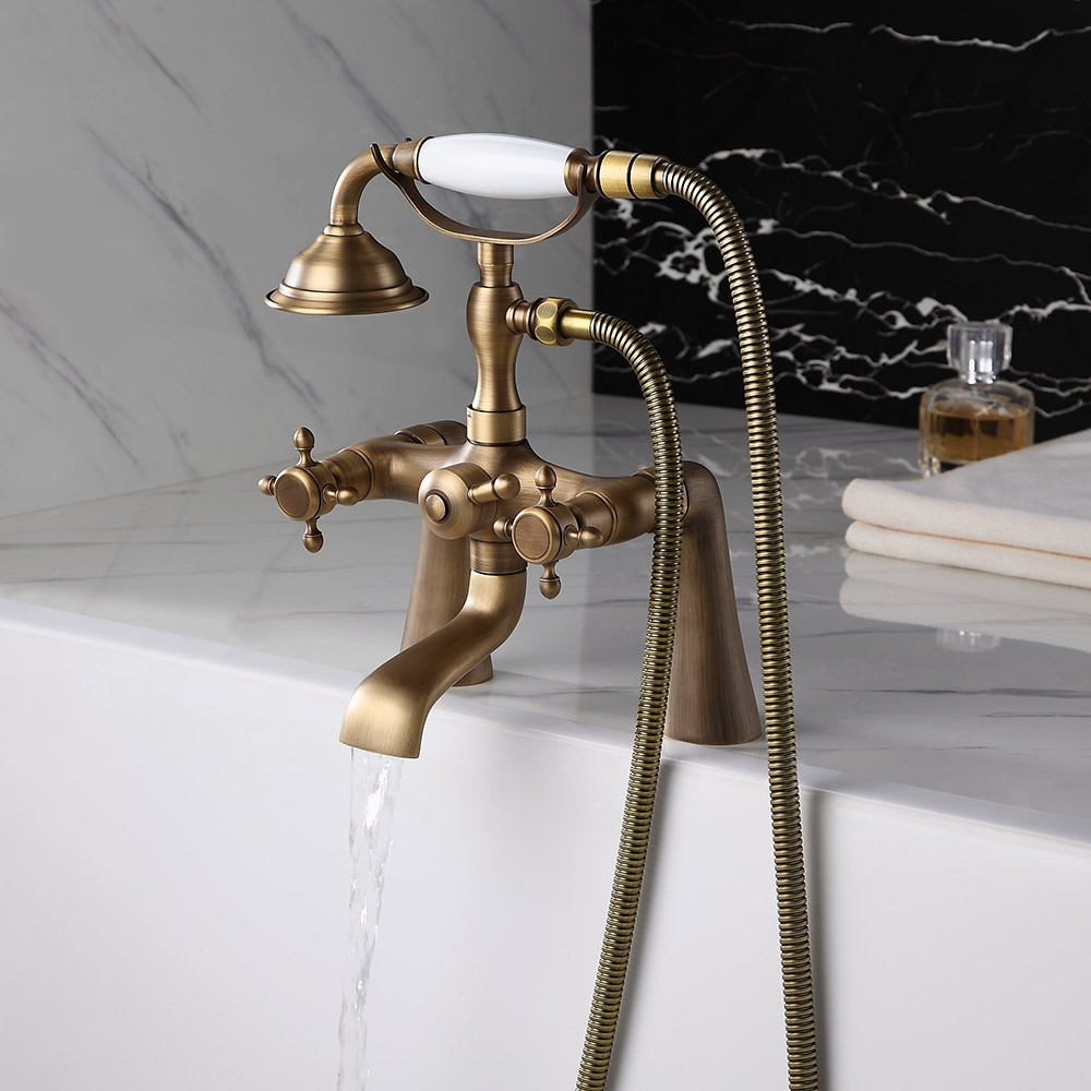 Montag Vintage Deck Mounted 2Handle Antique Brass Tub Faucet with Hand