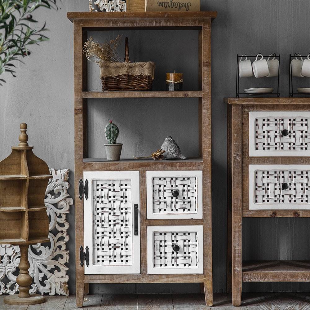 

Rustic Wood Tall Cabinet White Sideboard Buffet with 1 Door 2 Drawers and 1 Shelf 48" in height