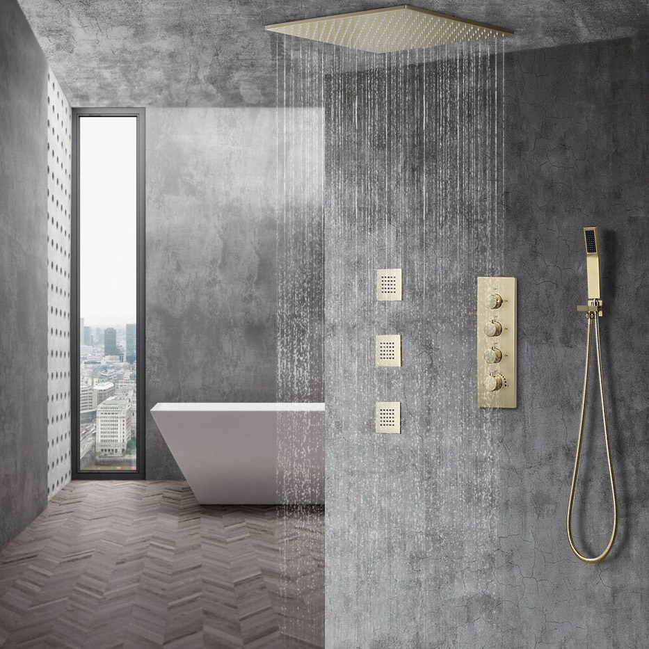 Brushed Gold Thermostatic 500mm Ceiling Mount Rain Shower Mixer with Body Sprays Jets
