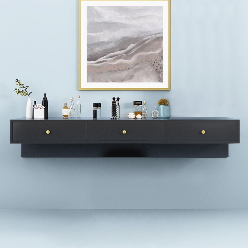 Image of Modern Black Floating Desk with Drawers Wall Mounted Desk in Pine Wood Frame