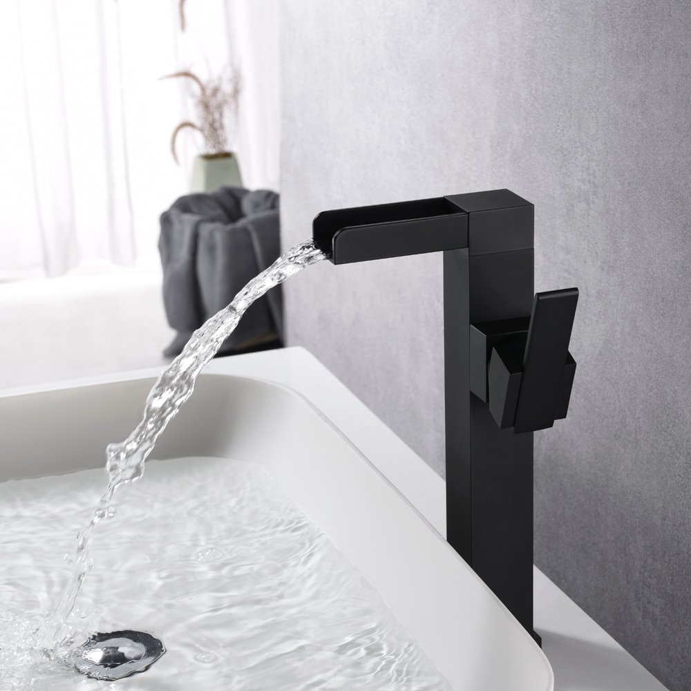 

Mero Waterfall Single Handle Bathroom Vessel Sink Faucet Solid Brass Matte Black