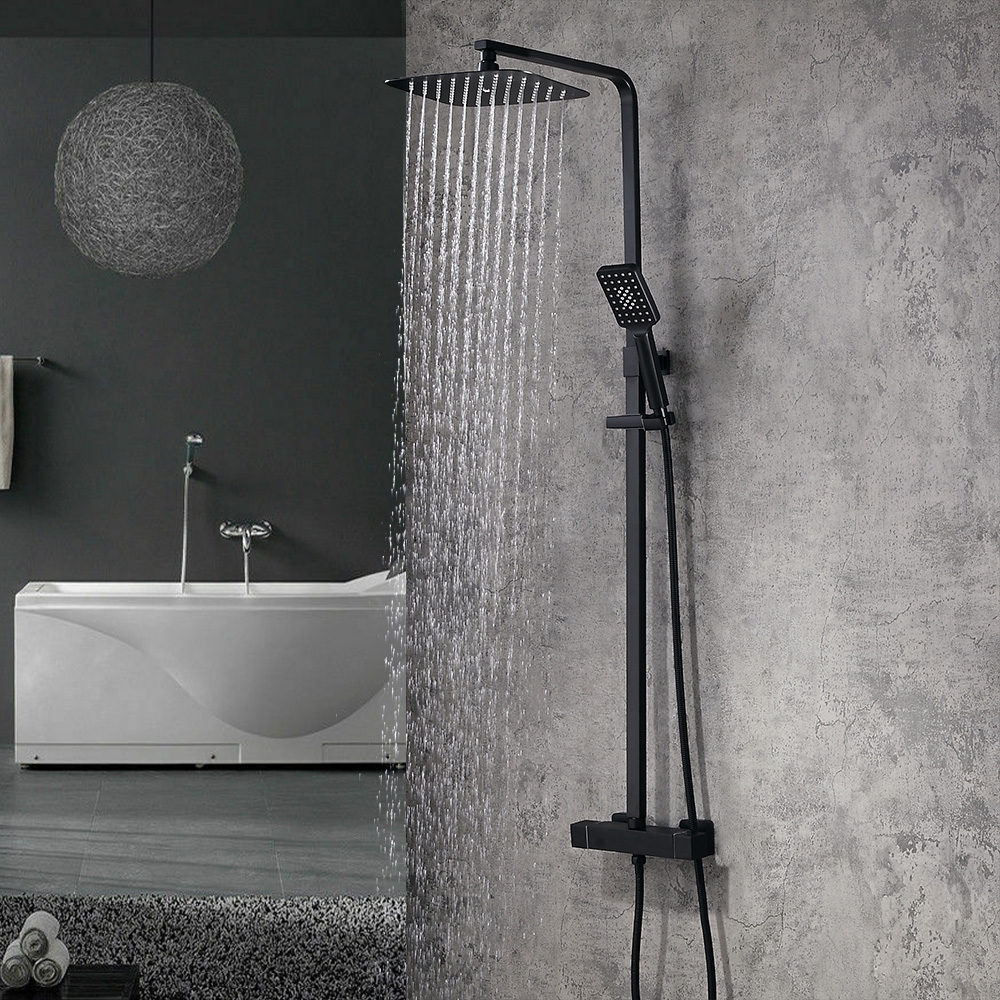 Modern Exposed Thermostatic Matte Black Square Rain Shower System With Hand Shower