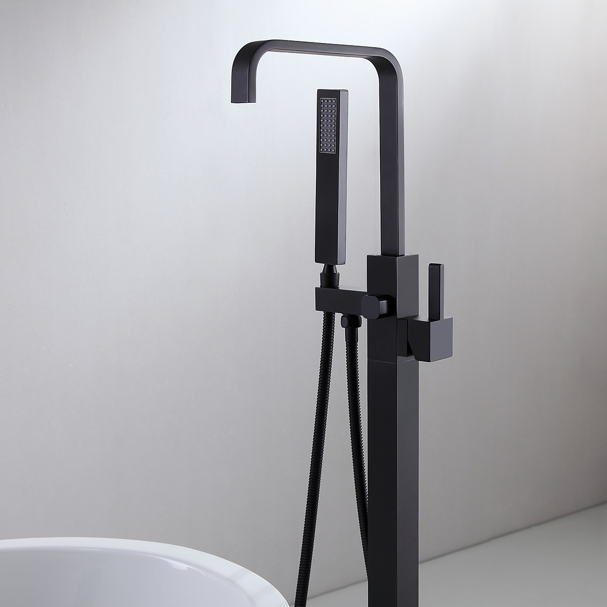 Dree Modern Matte Black Floor Mounted Freestanding Tub Faucet with Handheld Shower 1-Handle Solid Brass