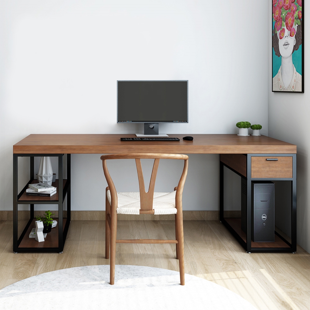 Rustic Pine Wood Computer Desk Black Loft Writing Desk with Drawers & Shelf