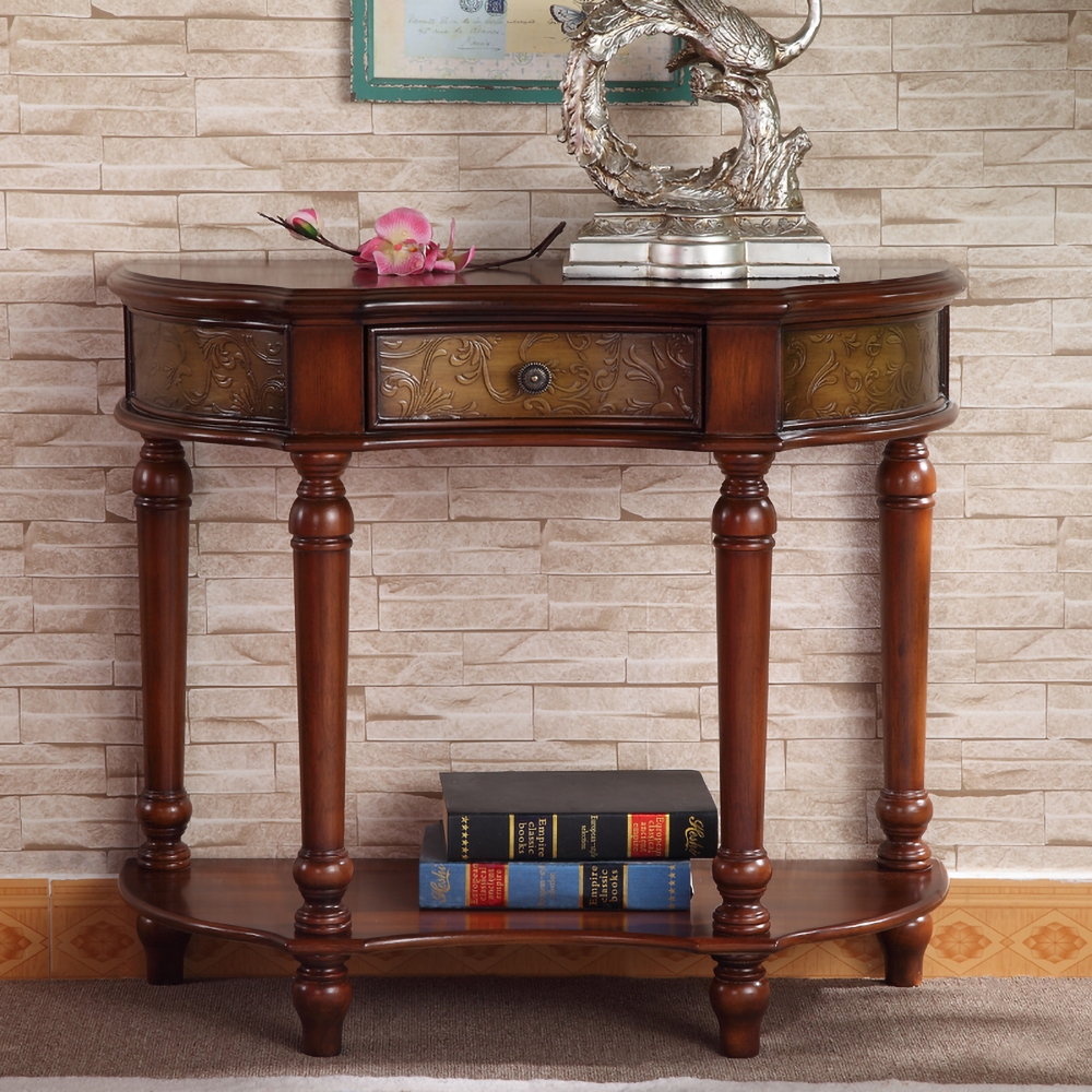 

Vintage Walnut Console Table Embossed & Carved Entryway Table with 1 Drawer for Hallway