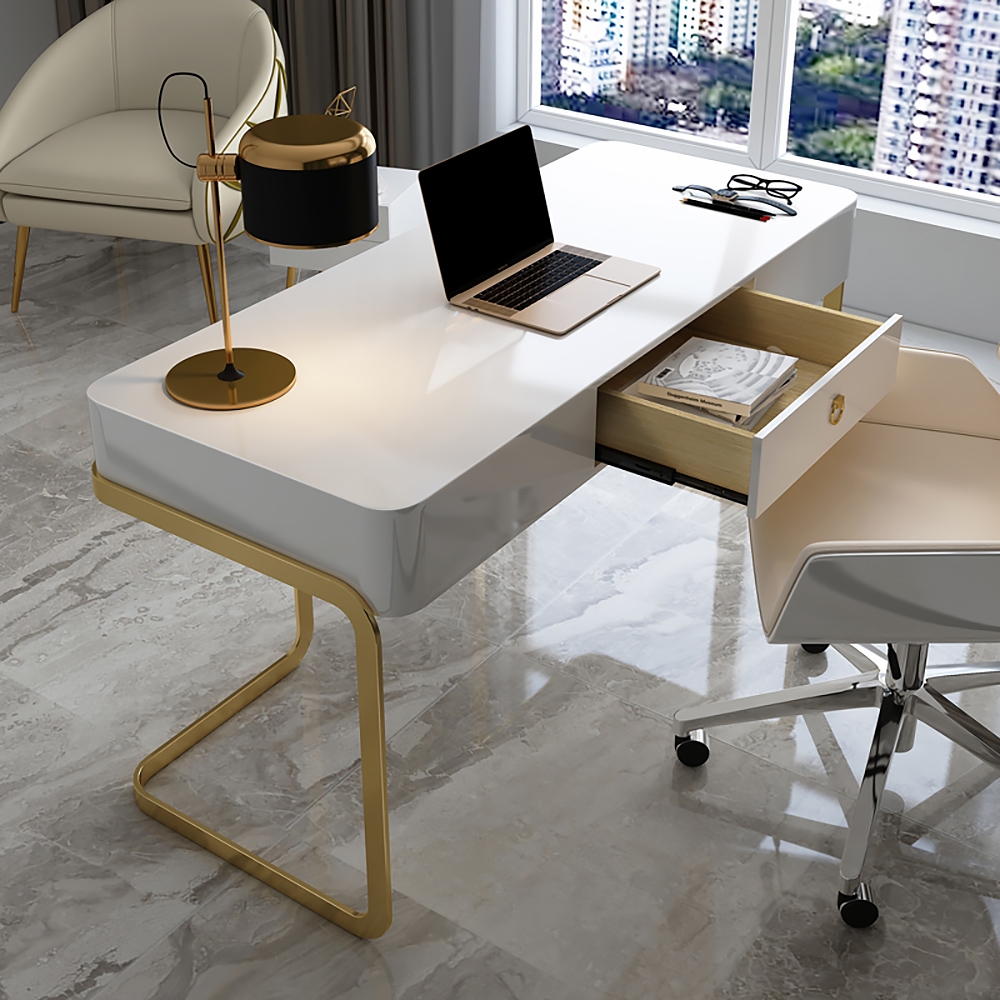White Rectangular Writing Desk Modern Computer Desk with Drawer Gold