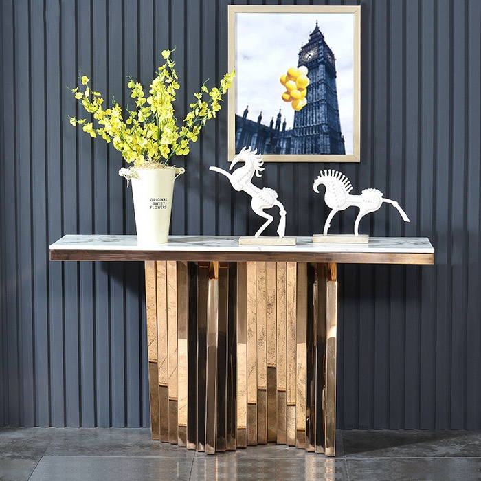 

Modern Luxury Style Rectangular White Faux Marble Console Table in Gold