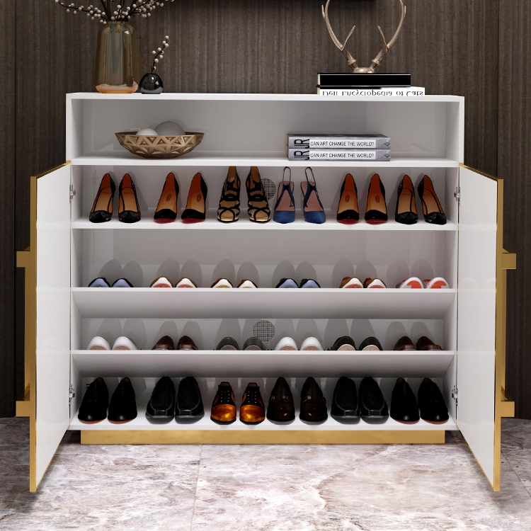 White Shoe Storage Cabinet Modern 5 Shelves Entryway Shoe Cabinet in Gold 24 Pairs