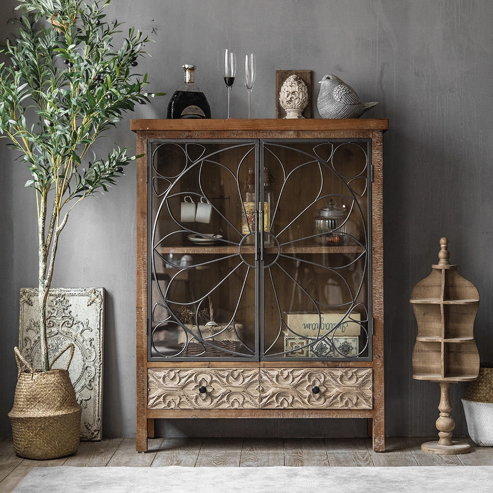 

Industrial Rustic Cabinet Carved Patterns Glass Doors with 2 Drawers
