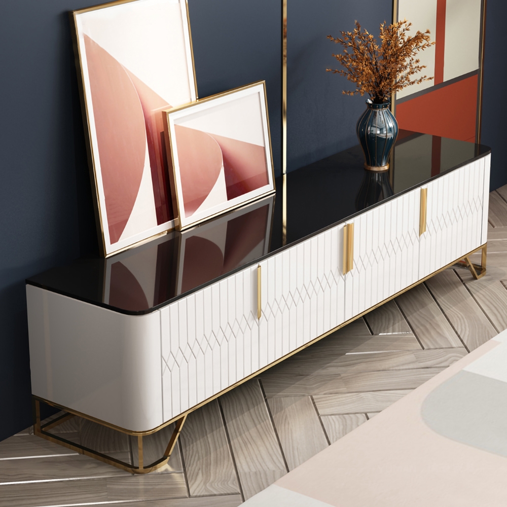 75" White TV Stand with 3 Doors Tempered Glass Top Media Console for TVs