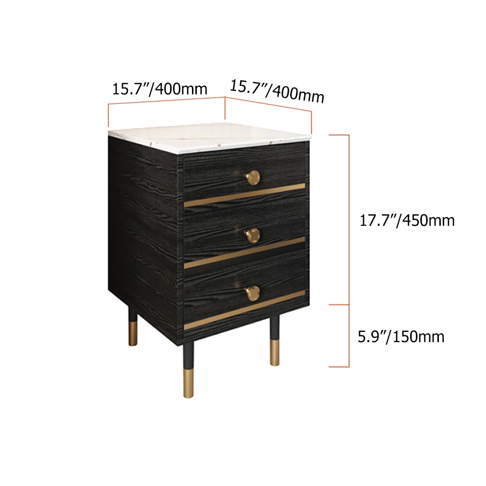 Modern Black Nightstand White Faux Marble Top Bedside Cabinet with 3 Drawers in Gold