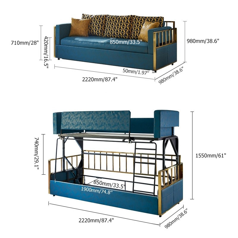 Modern Wood Bunk Bed Sleeper Convertible Sofa Bed 3Seater Pillows