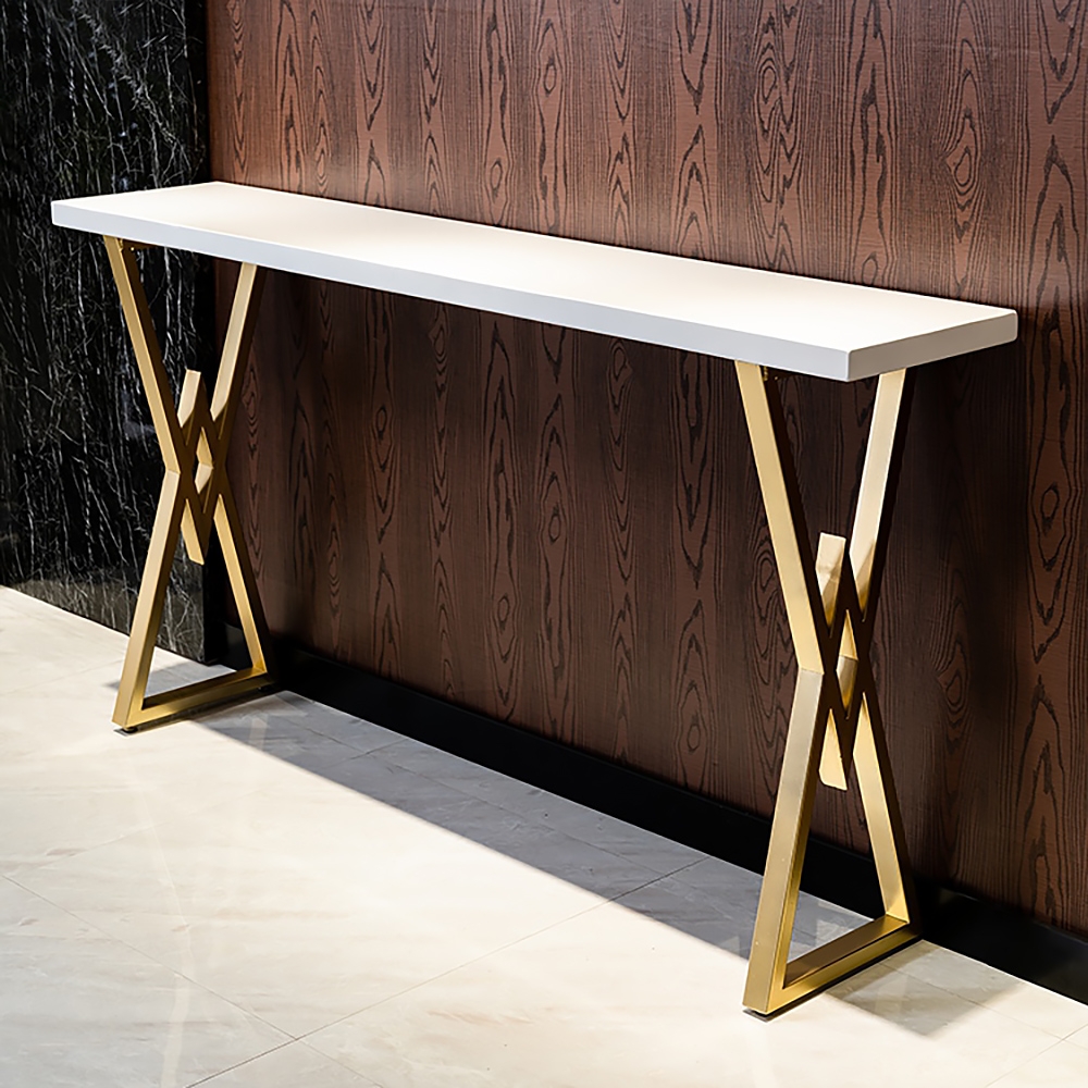 Modern White Kitchen Bar Height Dining Table Wood Breakfast Pub Table with Gold Base