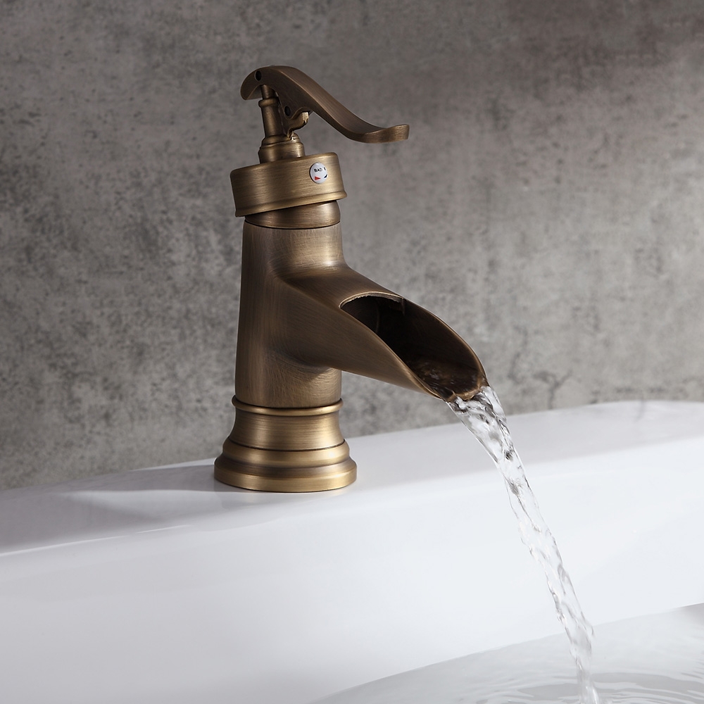 Monobloc Single Lever Handle Waterfall Bathroom Basin Mixer in Antique Brass