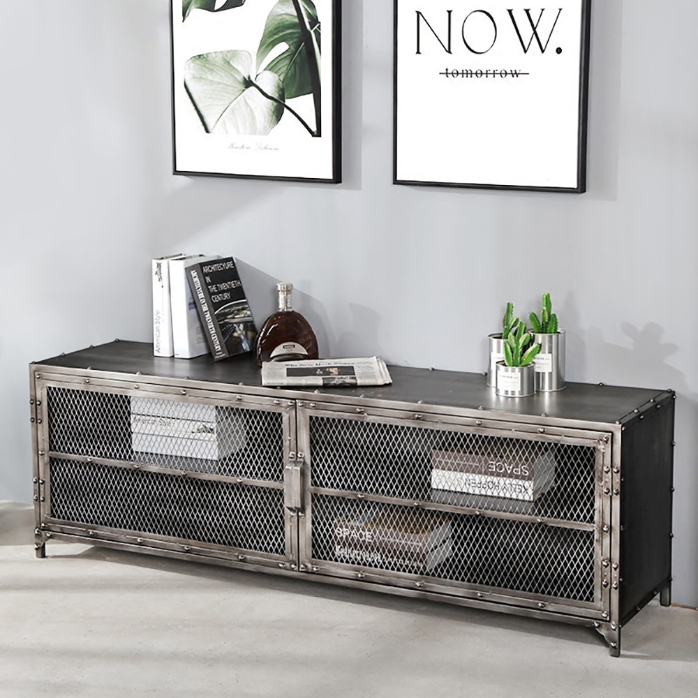 

Wire Mesh TV Stand Industrial TV Console with Doors & Shelves Cable Management