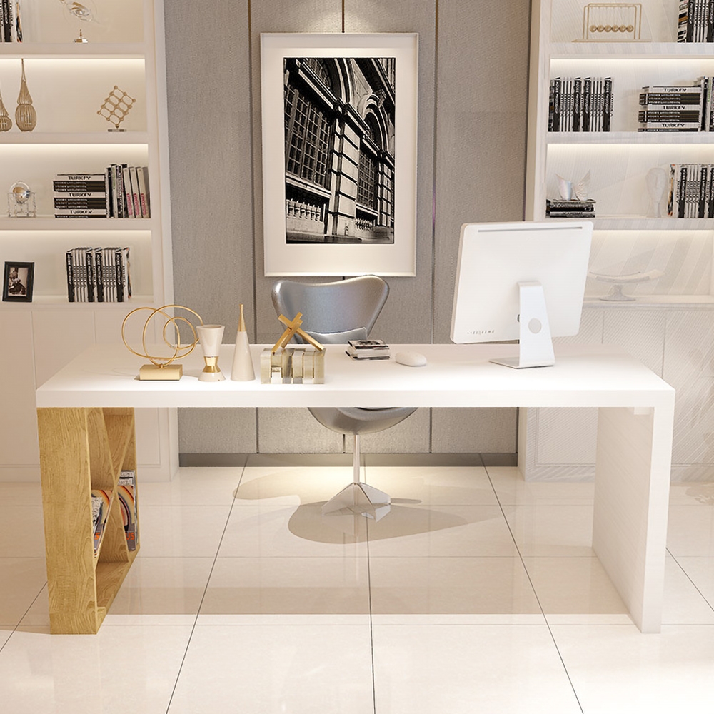 Modern White and Natural Rectangular Writing Desk with Shelves
