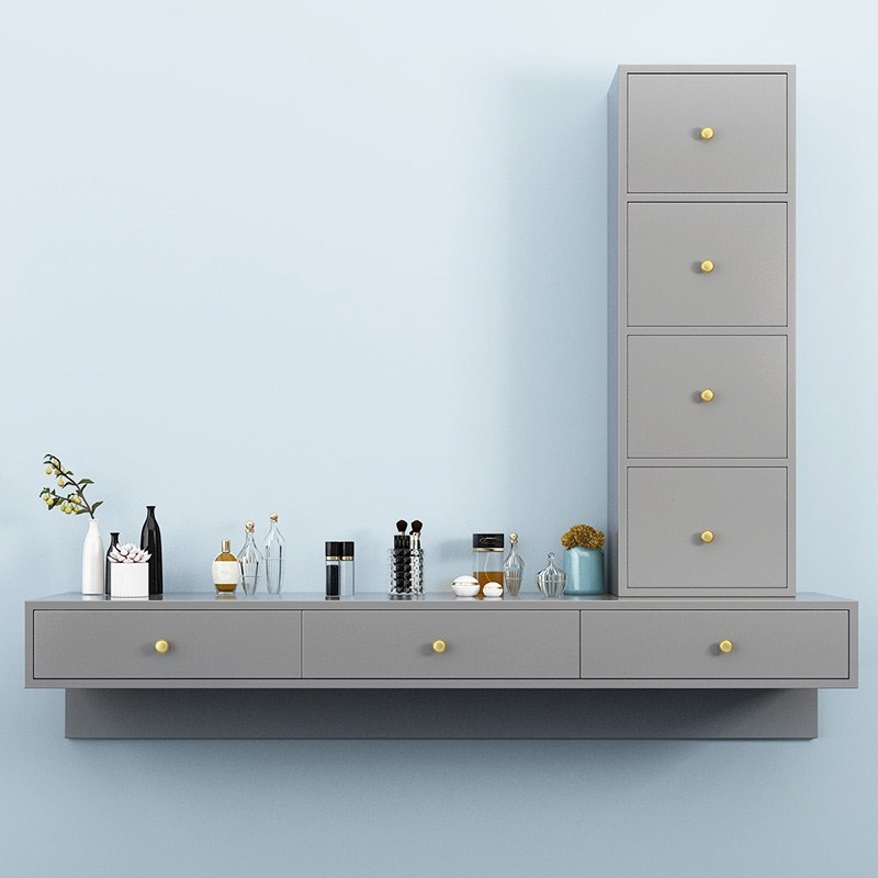 Image of Modern Gray Floating Desk with Drawers Wall Mounted Desk in Pine Wood Frame
