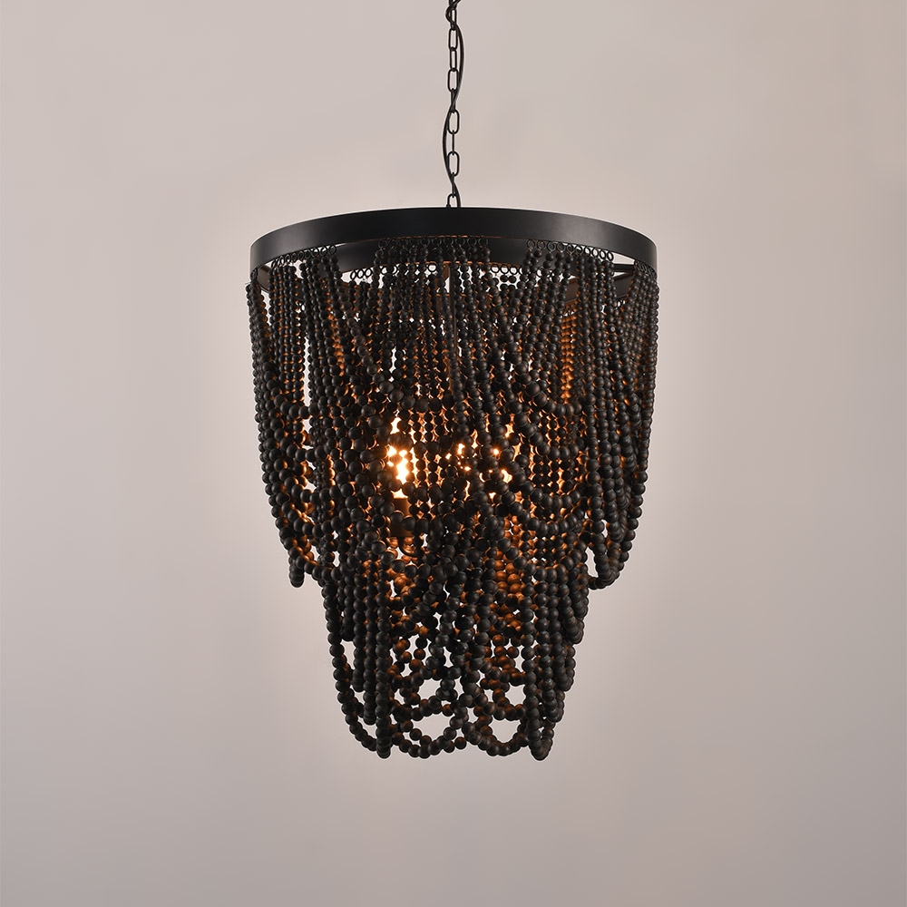 

Rustic Farmhouse Dark Brown Wooden Bead Cascade 3-Light Chandelier in Matte Black
