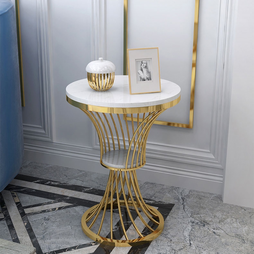 

White Round Faux Marble Side Table Spiral-Shaped End Table in Gold