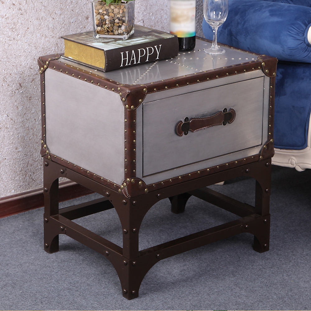 

Industrial Retro Aluminum Nightstand Silver&Brown Nailheads Bedside Table with 1 Drawer