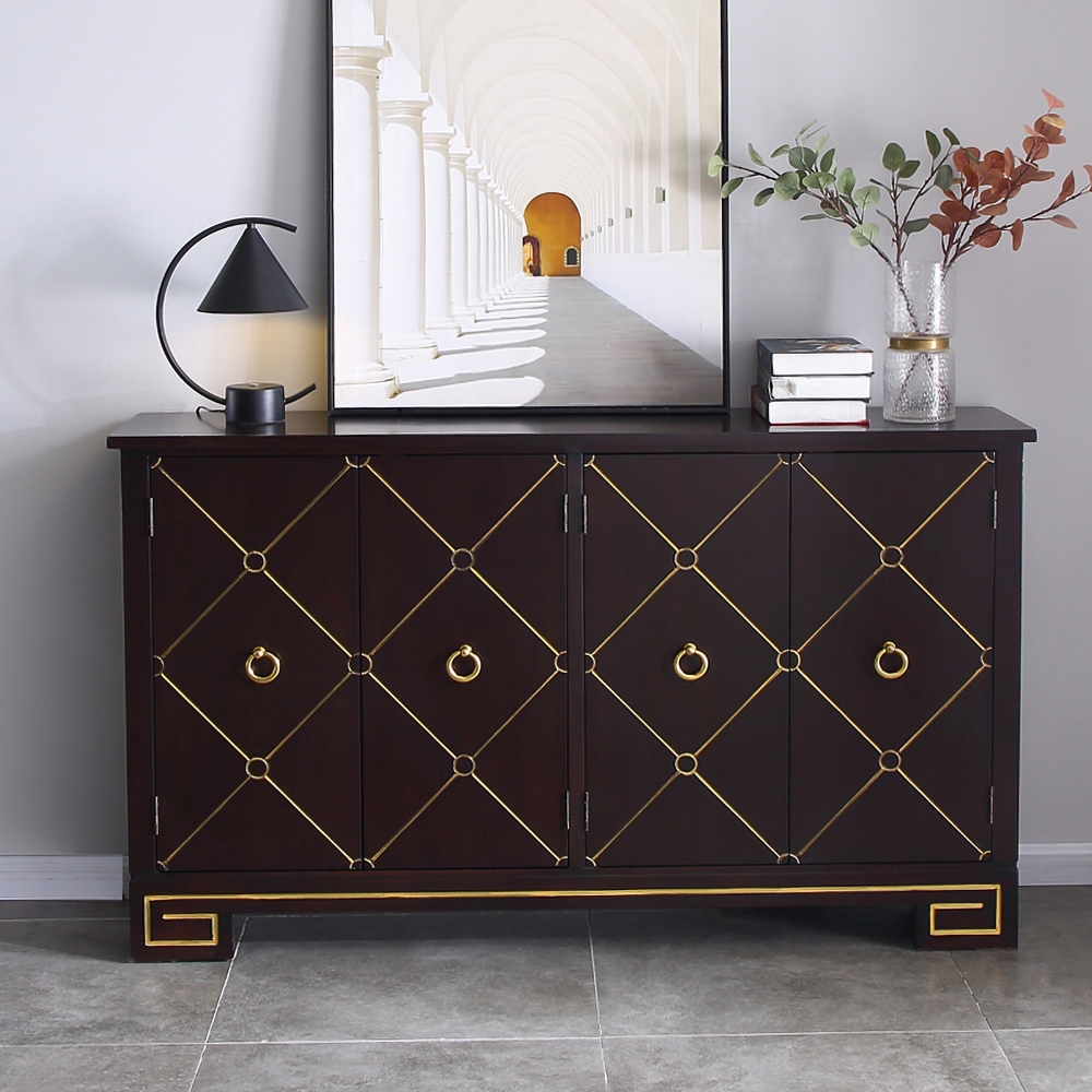 

60" Sideboard Buffet Brown Diamond-Patterned Buffet with 4 Interior Shelves & Doors