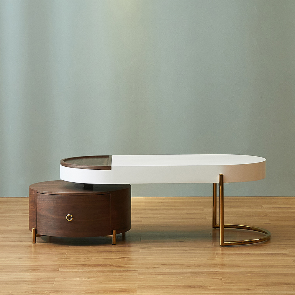 Modern Oval Nesting Coffee Table White&Walnut Coffee Table with Storage with Drawer