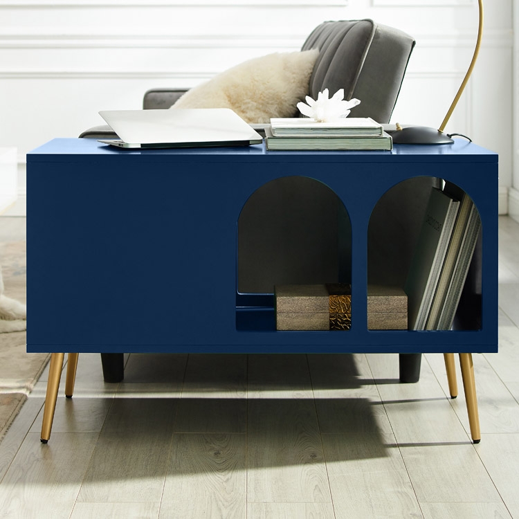Blue End Table with Storage Living Room Side Table 2 Drawer & Open Storage