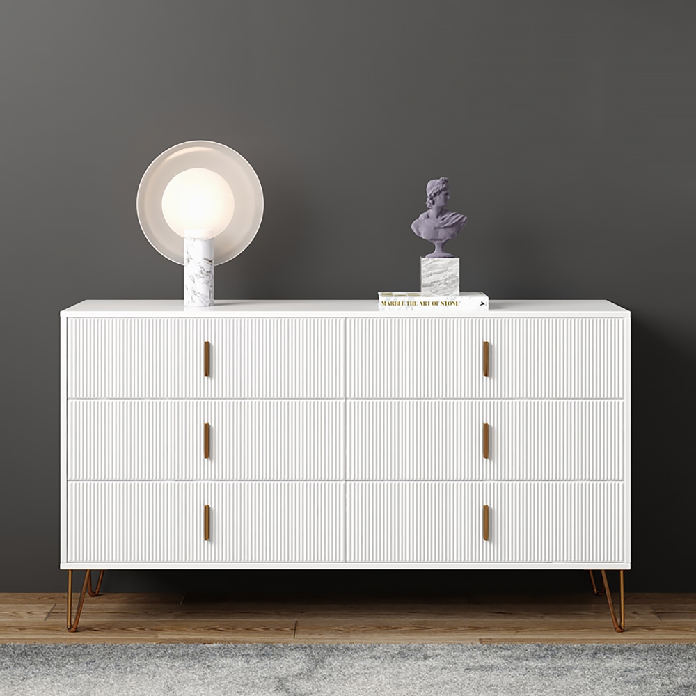 White accent cabinet with 6 drawers modern buffet cabinet with storage