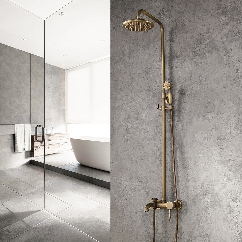 Classic Antique Brass Single Lever Exposed Rain Shower System with Hand Shower & Bath Filler