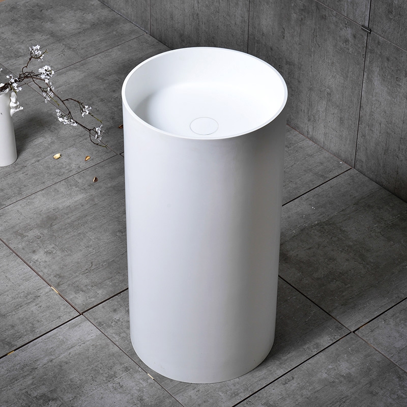 Modern Freestanding Sink Stone Resin Round Pedestal Sink In Glossy White For Bathroom