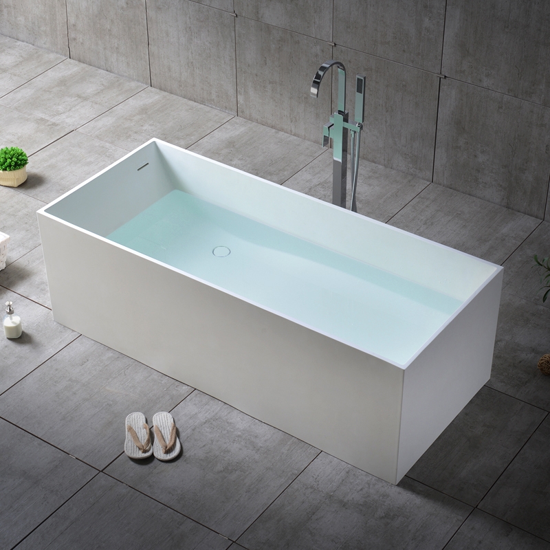 Glossy White Stone Resin Rectangle Freestanding Soaking Bathtub With Linear Overflow & Drain