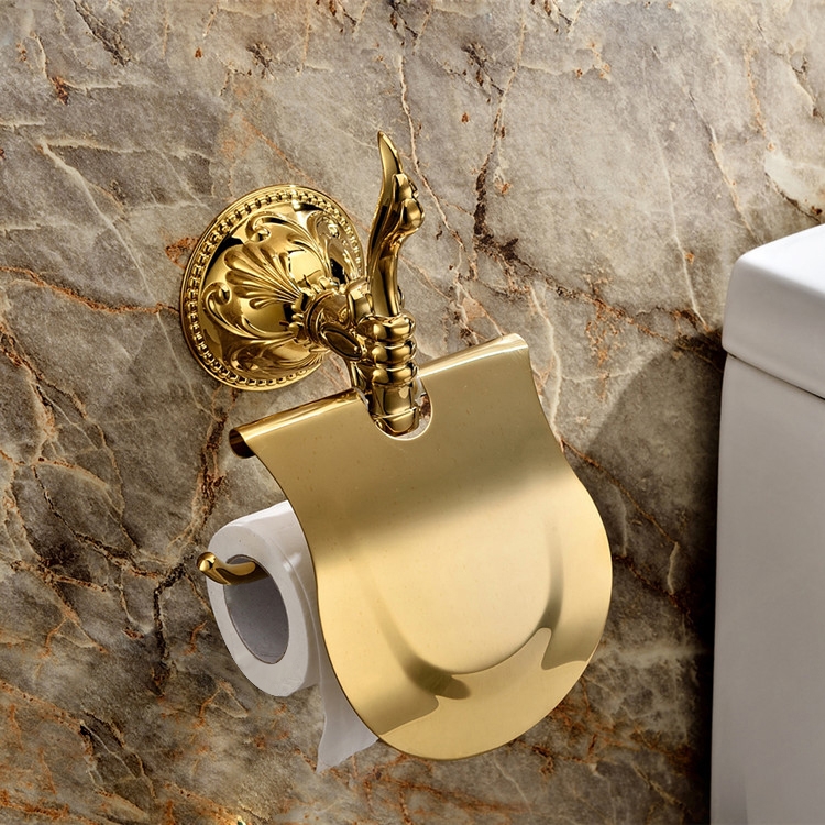 Atre Solid Brass Wall Mounted Toilet Roll Paper Holder with Smooth Cover for Bathroom in Gold