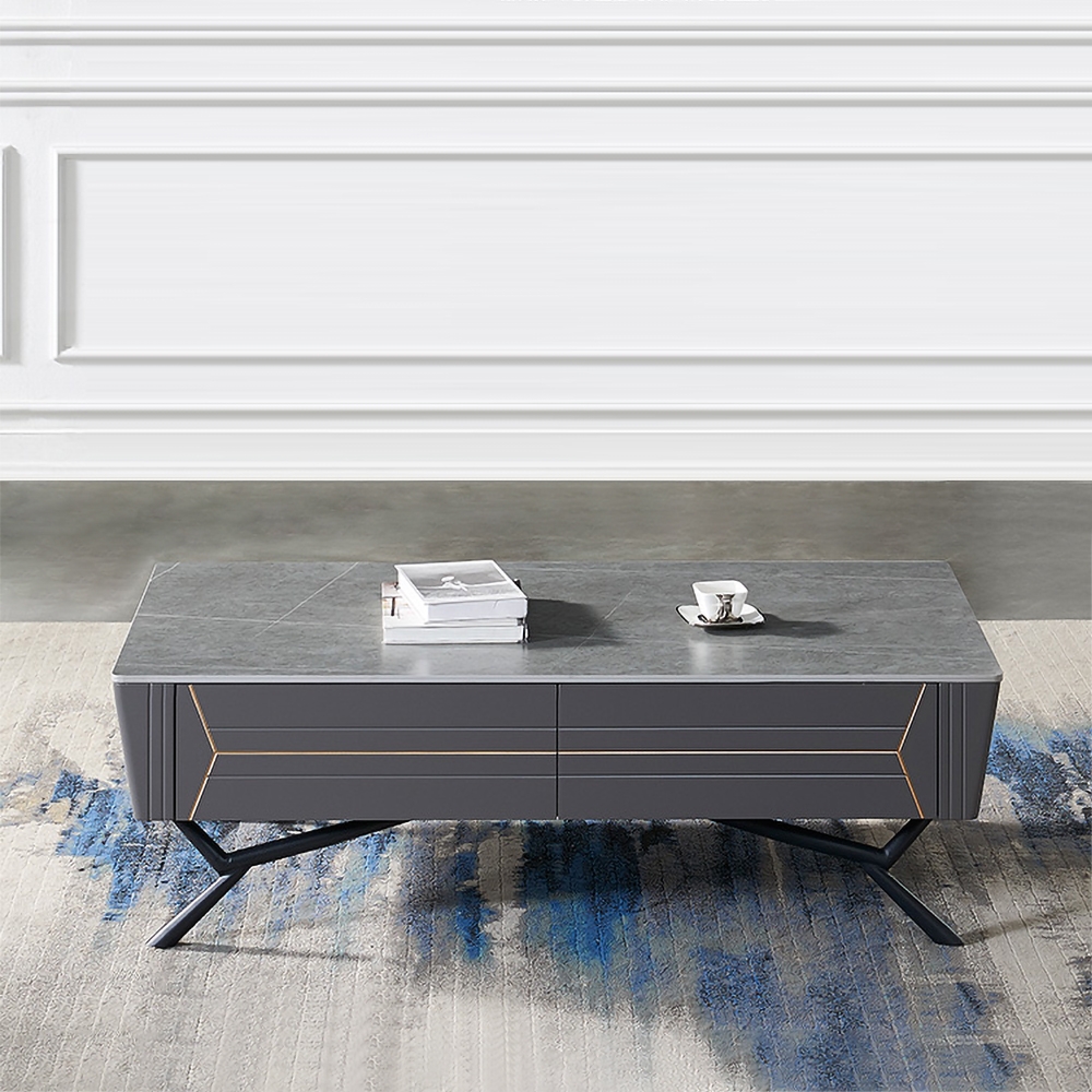 1300mm Rectangular Grey Faux Marble Top Coffee Table with Storage 4 Drawers Metal Black
