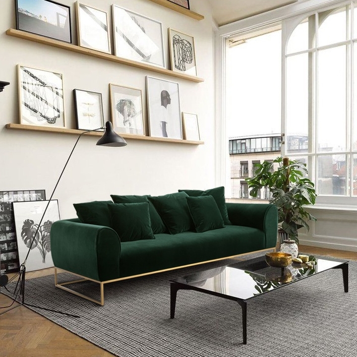 Mid-century Modern Upholstered Sofa 3 Seater Green Velvet Sofa With Brass Leg Pillows Included