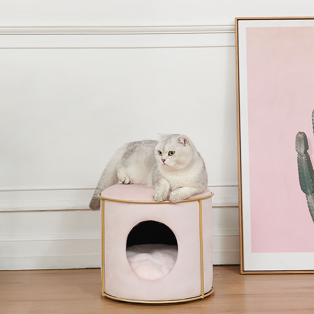 14.6" Velvet Cat Bed Round Vanity Stool Ottoman In Pink
