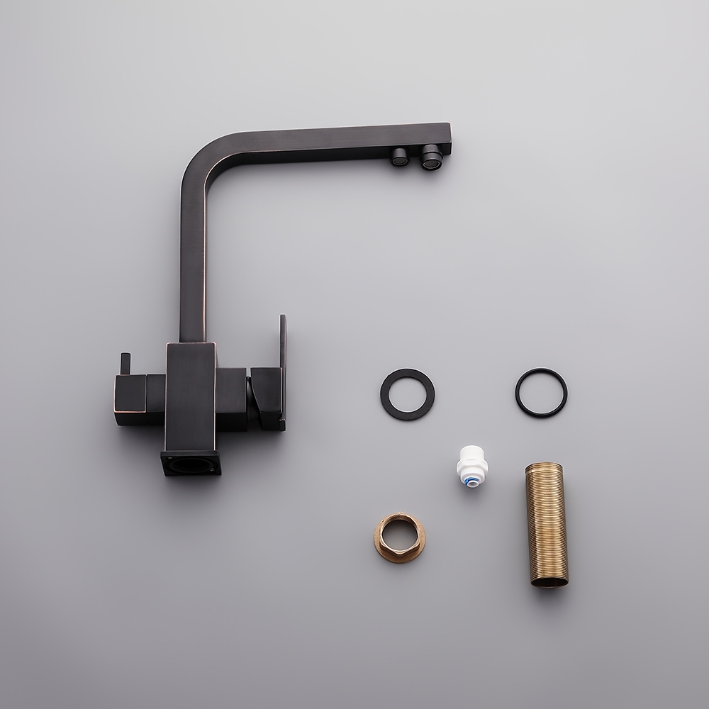 Monobloc 2-Handle Square Kitchen Tap with Water Filter Swivel Spout Solid Brass